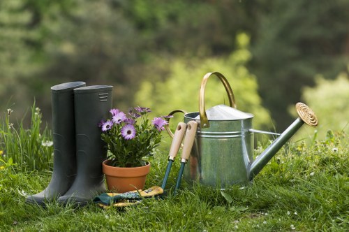 Close-up of a garden maintenance job with pruning tools and trimmed hedges